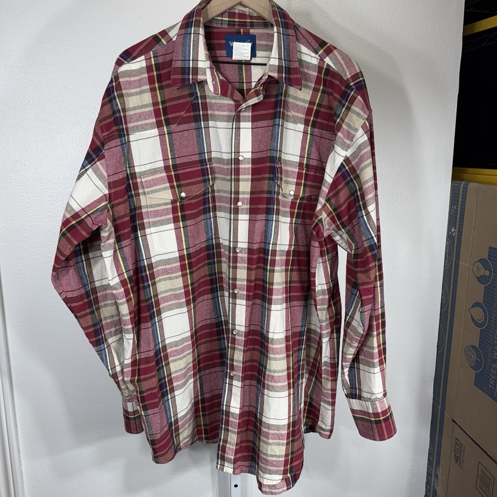 Wrangler Mens 2XLT Western Pearl‎ Snap Shirt Burgandy Plaid Long Sleeve MS1098M